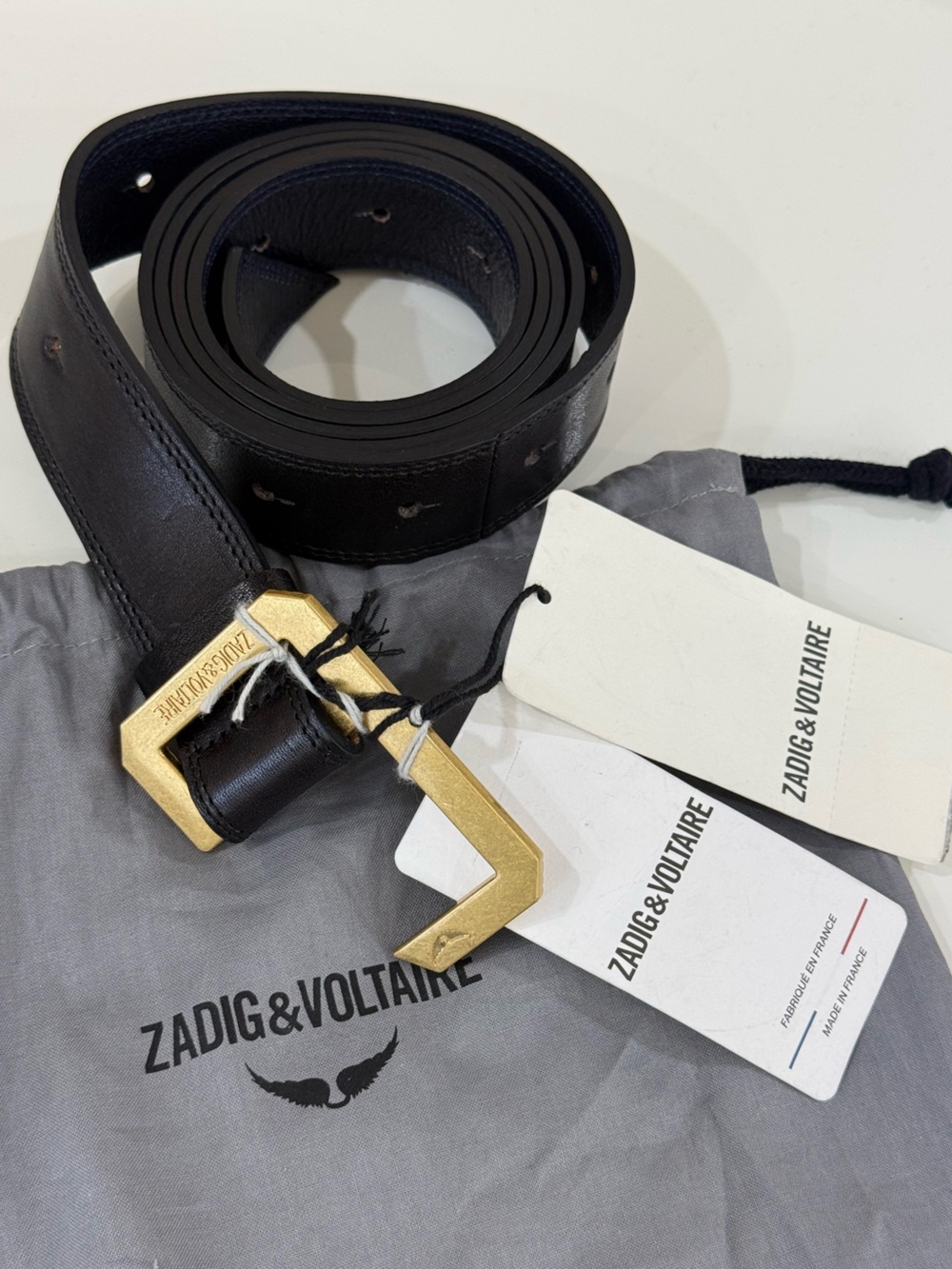 Zadig & Voltaire Black Leather Belt with Gold Buckle Accent